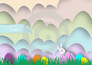 Happy Easter cartoon, paper cut style, white Rabbit and colorful template, flat design, outline drawing. Easter Bunny banner