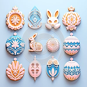 Happy Easter carved paper style easter ornaments, eggs, rabbit, bunny and flowers in the middle spring season Generative AI