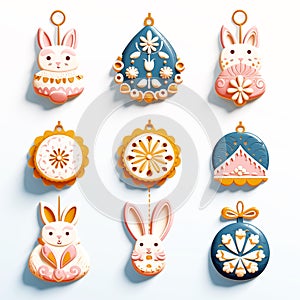 Happy Easter carved paper style easter ornaments, eggs, rabbit, bunny and flowers in the middle spring season Generative AI