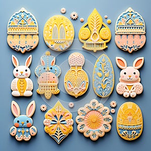 Happy Easter carved paper style easter ornaments, eggs, rabbit, bunny and flowers in the middle spring season on light blue