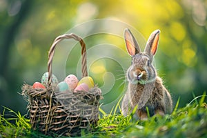Happy easter celadon Eggs Springtime Revelry Basket. White lavender Bunny Lavender. sky blue background wallpaper photo