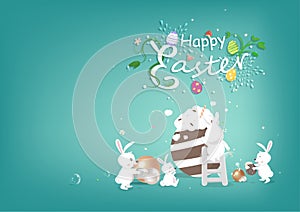 Happy Easter, celebrate invitation, rabbit cartoon character with Easter egg, seasonal party holiday vector illustration