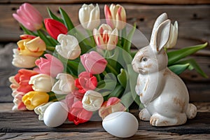 Happy easter celebration Eggs Crucify Basket. Easter Bunny bouncing picnics. Hare on meadow with Peony easter background wallpaper photo