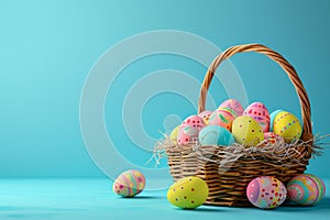 Happy easter Celebration Eggs Eggcup Basket. White Playful Bunny Summer bloom. festive background wallpaper