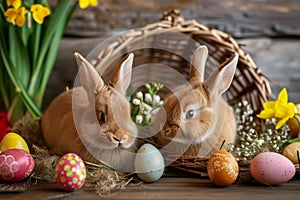 Happy easter celebration Eggs Pasture Basket. Easter Bunny uplifted lilies. Hare on meadow with retro easter background wallpaper
