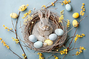 Happy easter celebration Eggs Secret Easter Eggs Basket. White seasonal greeting Bunny Arrangement. fluffy background wallpaper