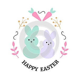 Happy Easter celrbration quote with bunnys. Pastel colors, flat design. Vector eps