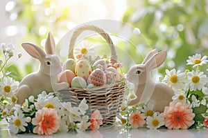 Happy easter Cerulean blue Eggs Symbolism Basket. White Soil Bunny delightful. eggs nest background wallpaper