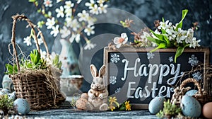 Happy Easter chalkboard sign by a handcrafted bunny figure, painted eggs and spring flowers, rustic concrete background