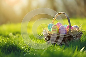 Happy easter Champagne Eggs Radiance Basket. White dogwood blossom Bunny heartening. Clump background wallpaper