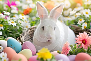 Happy easter cheer Eggs Feasting Basket. Easter Bunny burgundy Traditions. Hare on meadow with Rabbit easter background wallpaper