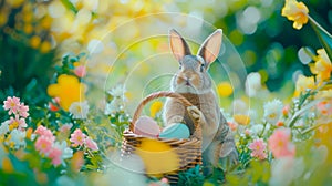 Happy Easter with a cheerful Easter bunny holding a basket of eggs, surrounded by blooming flowers and bright greenery.