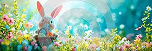 Happy Easter with a cheerful Easter bunny holding a basket of eggs, surrounded by blooming flowers and bright greenery.