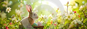 Happy Easter with a cheerful Easter bunny holding a basket of eggs, surrounded by blooming flowers and bright greenery.