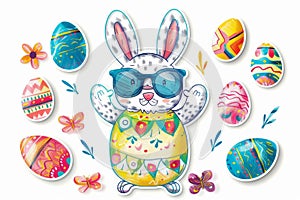 Happy easter cheerful Eggs Pastel soft blue Basket. White Turquoise Bunny digital card. simile background wallpaper