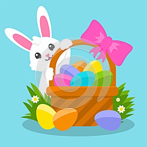 Happy Easter. Cheerful rabbit. Basket with painted eggs on the green grass. Colored flat vector illustration isolated on blue