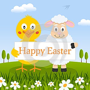 Happy Easter Chick & Lamb in a Meadow