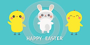 Happy Easter. Chicken bird, bunny set line banner. White rabbit chick head. Egg shape. Cute cartoon kawaii baby character. Funny