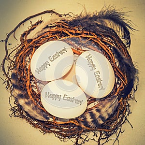 Happy Easter! - Chicken eggs with feather in the nest