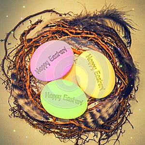 Happy Easter! - Chicken eggs with feather in the nest