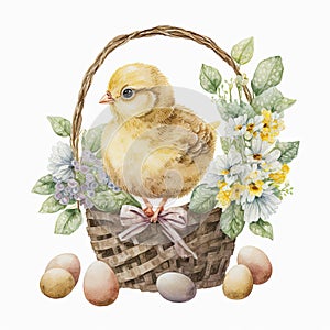 Happy Easter chicken with a spring flowers and Easter eggs, watercolor background Generative ai