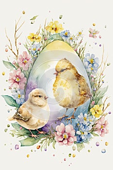 Happy Easter chicken with a spring flowers and Easter eggs, watercolor background Generative ai