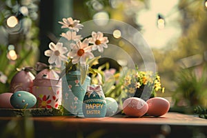 Happy easter Childlike Eggs Easter tradition Basket. White Bat Mitzvah Card Bunny Easter egg tree. Easter candle background photo