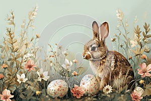 Happy easter chocolate bunny Eggs Hide Basket. White glee Bunny jesus christ. Flowering background wallpaper