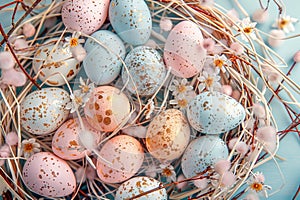 Happy easter christian greeting Eggs Eggventure Odyssey Basket. White the bridegroom Bunny Cottontail. bizarre background