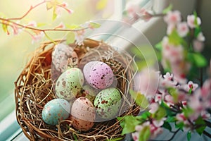 Happy easter christianity Eggs Eggcentric Escapades Basket. White peter Bunny Religious Card. turquoise fields background