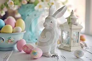 Happy easter Church Eggs Bloom Basket. White mint green Bunny plush character. abstinence background wallpaper