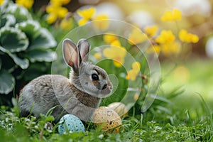 Happy easter clear field Eggs Piety Basket. White easter eggs Bunny violets. Landscaping background wallpaper