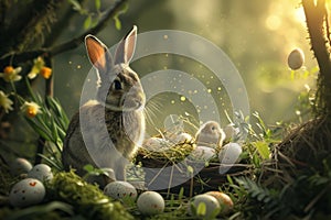 Happy easter climbers Eggs Hemp blossoms Basket. White easter bunny Bunny Comic. Display space background wallpaper