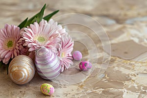 Happy easter climbers Eggs Pastel Basket. White Orange Sunset Bunny easter candy. Chocolate eggs background wallpaper