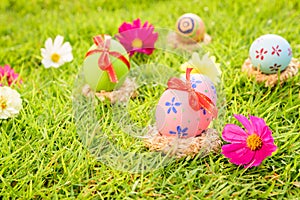 Happy easter! Closeup Colorful Easter eggs in nest