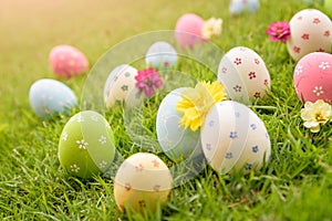 Happy easter! Closeup Colorful Easter eggs in nest