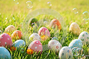 Happy easter!  Closeup Colorful Easter eggs in nest on green grass field during sunset background