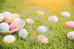 Happy easter! Closeup Colorful Easter eggs in nest