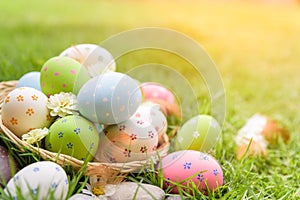 Happy easter! Closeup Colorful Easter eggs in nest