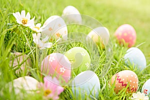 Happy easter! Closeup Colorful Easter eggs in nest