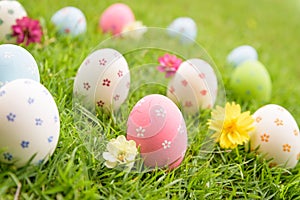 Happy easter! Closeup Colorful Easter eggs in nest