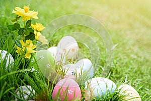 Happy easter! Closeup Colorful Easter eggs in nest