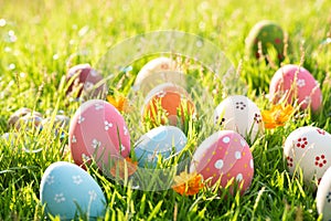 Happy easter!  Closeup Colorful Easter eggs in nest on green grass field during sunset background