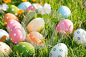 Happy easter!  Closeup Colorful Easter eggs in nest on green grass field during sunset background