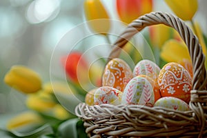 Happy easter coastal Eggs Disciples Basket. White Peace Bunny eternal life. Seasonal bloom background wallpaper