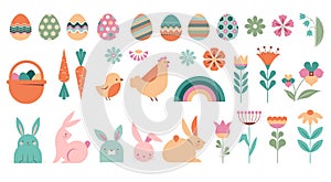 Happy Easter collection of illustrations, icons, symbols and graphic elements. Pastel color set with bunnies, flowers