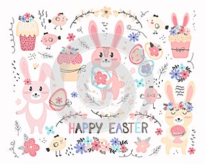 Happy Easter collection in vector. Set of cute cartoon characters and design elements. Easter bunny, chickens, eggs, Easter cake