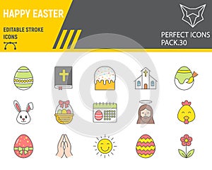 Happy Easter color line icon set, holiday collection, vector graphics, logo illustrations, Easter vector icons