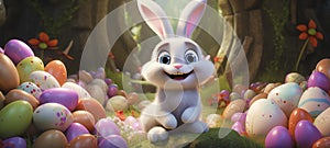 Happy Easter colorful banner with cute cartoon bunny rabbit and a lots of eggs