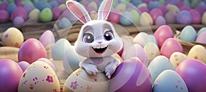 Happy Easter colorful banner with cute cartoon bunny rabbit and a lots of eggs